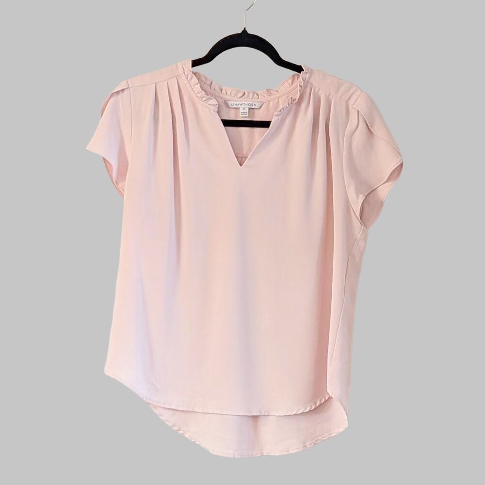 41 Hawthorn Blush Pink Blouse M Ruffle Neck Split V Cap Sleeve Career Top